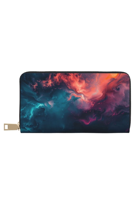 Leather Thin Slim Wallets for Women Men - Cosmic Paint Swirl Clutch Card Wallet for Women Men with Zipper