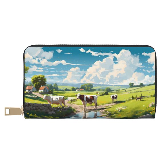 Leather Thin Slim Wallets for Women Men - Countryside Farm Cow Clutch Card Wallet for Women Men with Zipper