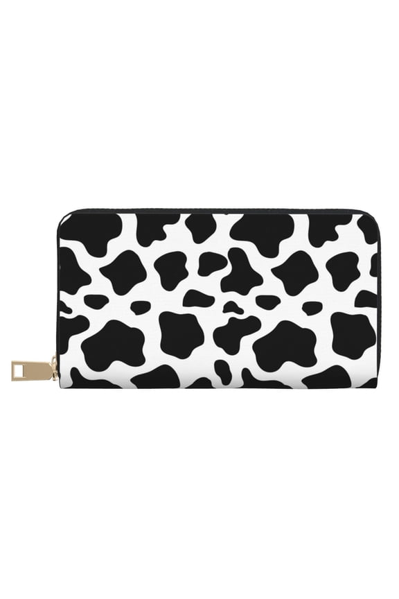 Leather Thin Slim Wallets for Women Men - Cow print pattern Clutch Card Wallet for Women Men with Zipper