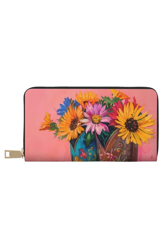 Leather Thin Slim Wallets for Women Men - Cowboy Boots With Flowers Clutch Card Wallet for Women Men with Zipper