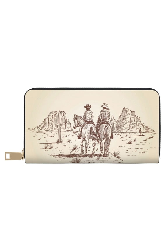 Leather Thin Slim Wallets for Women Men - Cowboys Riding Horses Clutch Card Wallet for Women Men with Zipper
