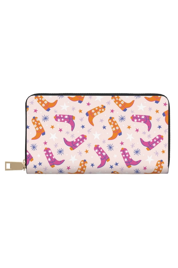 Leather Thin Slim Wallets for Women Men - Cowgirl Boots Clutch Card Wallet for Women Men with Zipper