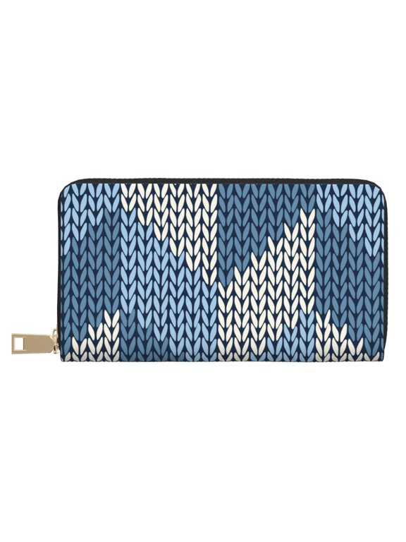 Leather Thin Slim Wallets for Women Men - Cozy Knitted Blue Chevron Clutch Card Wallet for Women Men with Zipper