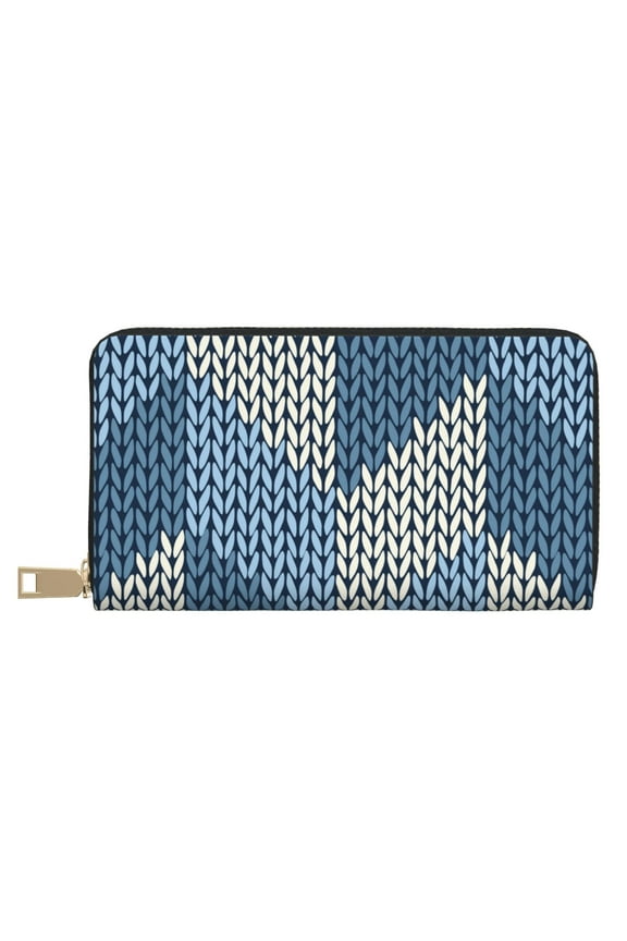 Leather Thin Slim Wallets for Women Men - Cozy Knitted Blue Chevron Clutch Card Wallet for Women Men with Zipper