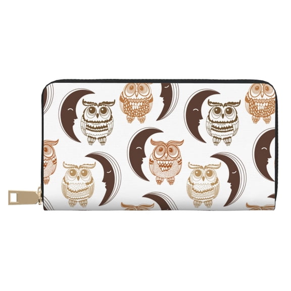 Leather Thin Slim Wallets for Women Men - Crescent Moon and Owl Clutch Card Wallet for Women Men with Zipper