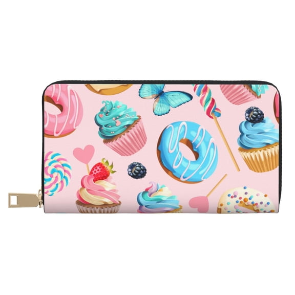 Leather Thin Slim Wallets for Women Men - Cupcakes and Donuts Clutch Card Wallet for Women Men with Zipper
