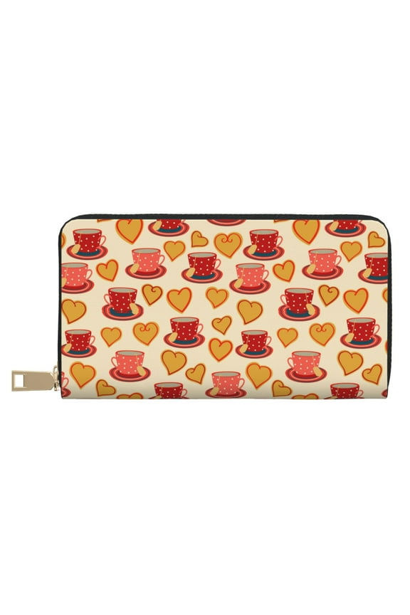 Leather Thin Slim Wallets for Women Men - Cups of Tea Clutch Card Wallet for Women Men with Zipper