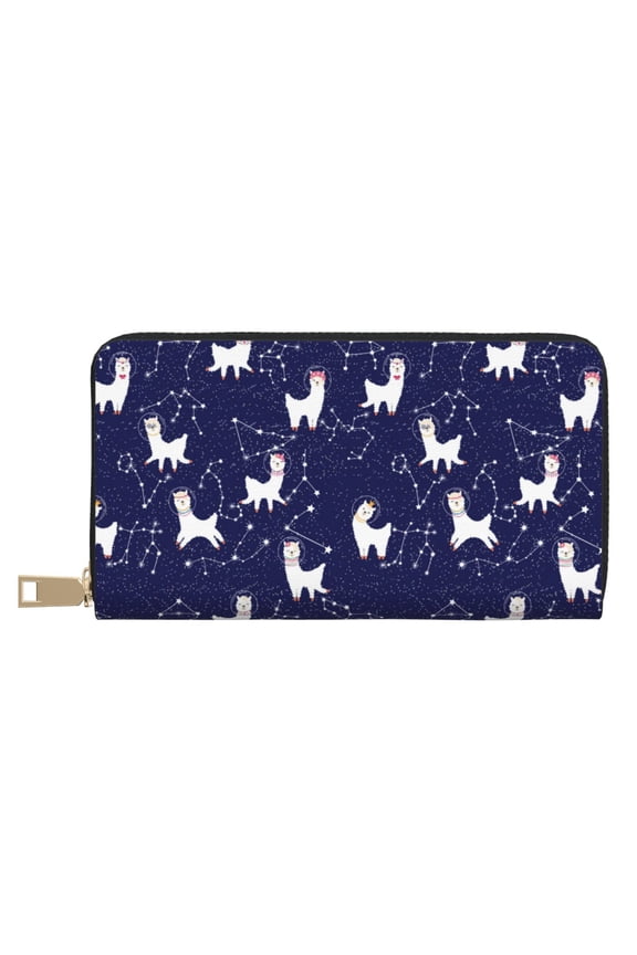Leather Thin Slim Wallets for Women Men - Cute Alpaca Starry Sky Clutch Card Wallet for Women Men with Zipper