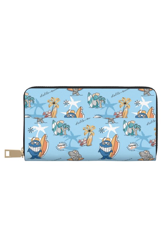 Leather Thin Slim Wallets for Women Men - Cute Animals Surfers Clutch Card Wallet for Women Men with Zipper