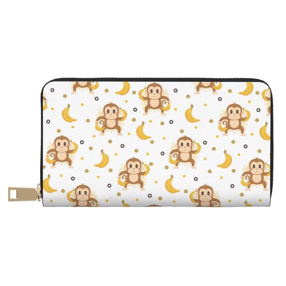 Leather Thin Slim Wallets for Women Men - Cute Banana Monkey Clutch Card Wallet for Women Men with Zipper