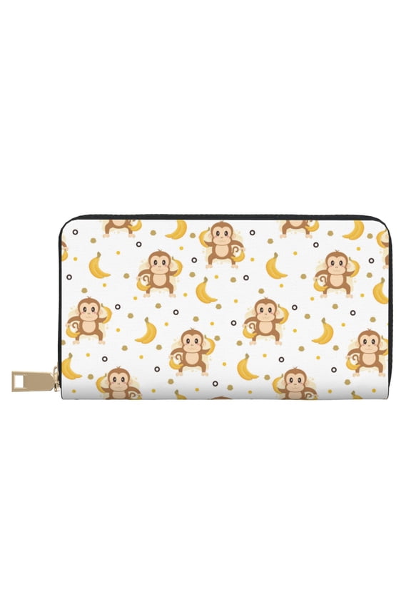 Leather Thin Slim Wallets for Women Men - Cute Banana Monkey Clutch Card Wallet for Women Men with Zipper