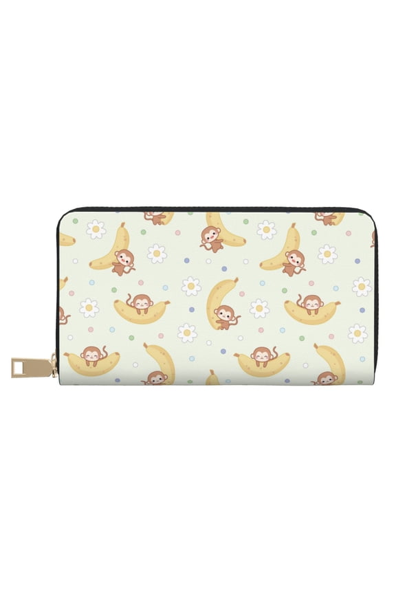 Leather Thin Slim Wallets for Women Men - Cute Banana Monkey Flower Clutch Card Wallet for Women Men with Zipper