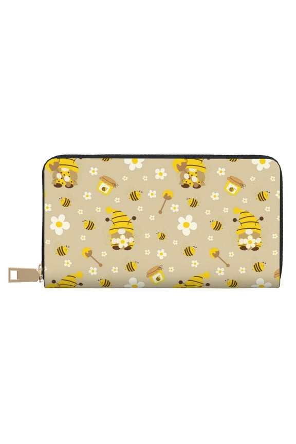 Leather Thin Slim Wallets for Women Men - Cute Bee Gnomes Clutch Card Wallet for Women Men with Zipper