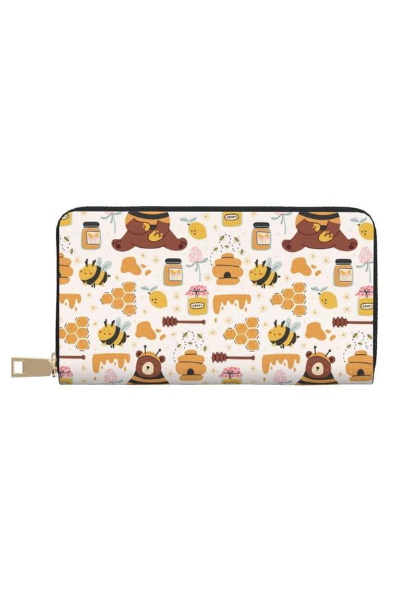 Leather Thin Slim Wallets for Women Men - Cute Bee Honey Jar Hive Bear Clutch Card Wallet for Women Men with Zipper