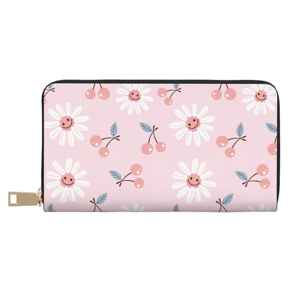 Leather Thin Slim Wallets for Women Men - Cute Berry Pink Daisy Clutch Card Wallet for Women Men with Zipper