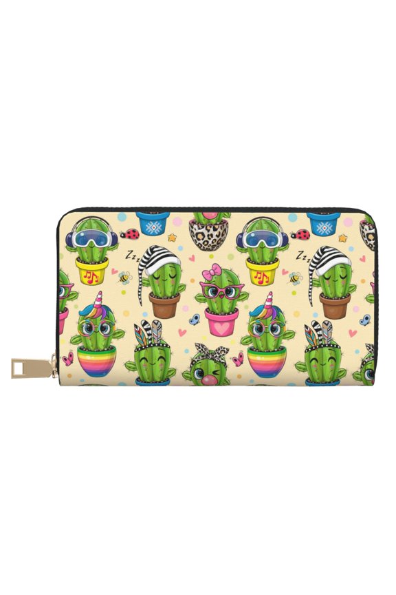 Leather Thin Slim Wallets for Women Men - Cute Cartoon Cactus Clutch Card Wallet for Women Men with Zipper