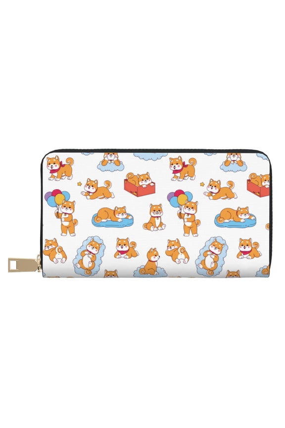 Leather Thin Slim Wallets for Women Men - Cute Cartoon Corgi Balloon Box Clutch Card Wallet for Women Men with Zipper