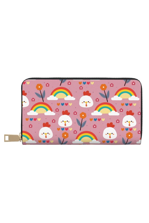 Leather Thin Slim Wallets for Women Men - Cute Chicken Rainbow Flower Love Clutch Card Wallet for Women Men with Zipper