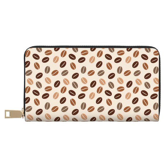 Leather Thin Slim Wallets for Women Men - Cute Coffee Bean Print Clutch Card Wallet for Women Men with Zipper
