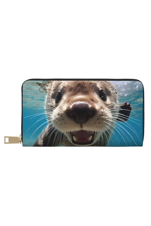 Leather Thin Slim Wallets for Women Men - Cute Diving Otter Clutch Card Wallet for Women Men with Zipper