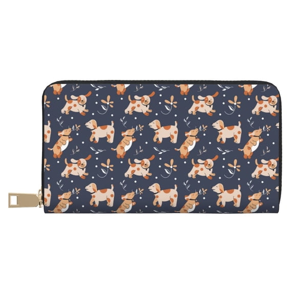 Leather Thin Slim Wallets for Women Men - Cute Dog Puppy flower Clutch Card Wallet for Women Men with Zipper