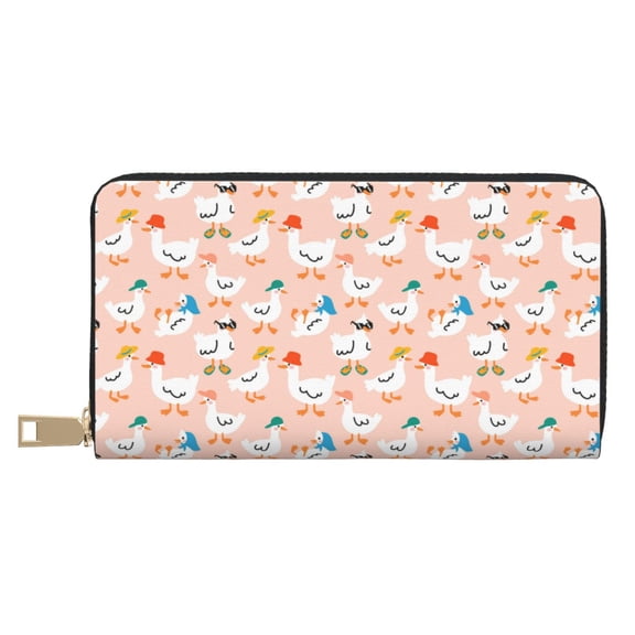 Leather Thin Slim Wallets for Women Men - Cute Ducks In Hats Clutch Card Wallet for Women Men with Zipper