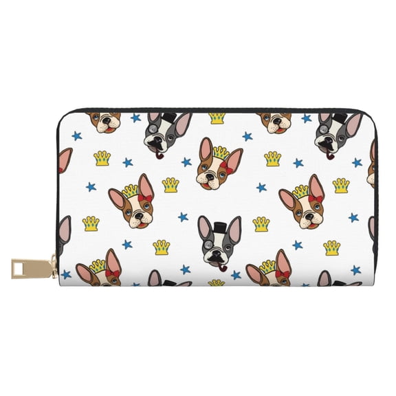Leather Thin Slim Wallets for Women Men - Cute French Bulldog Crown Clutch Card Wallet for Women Men with Zipper