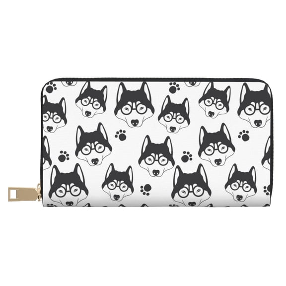 Leather Thin Slim Wallets for Women Men - Cute Glasses Husky Funny Clutch Card Wallet for Women Men with Zipper