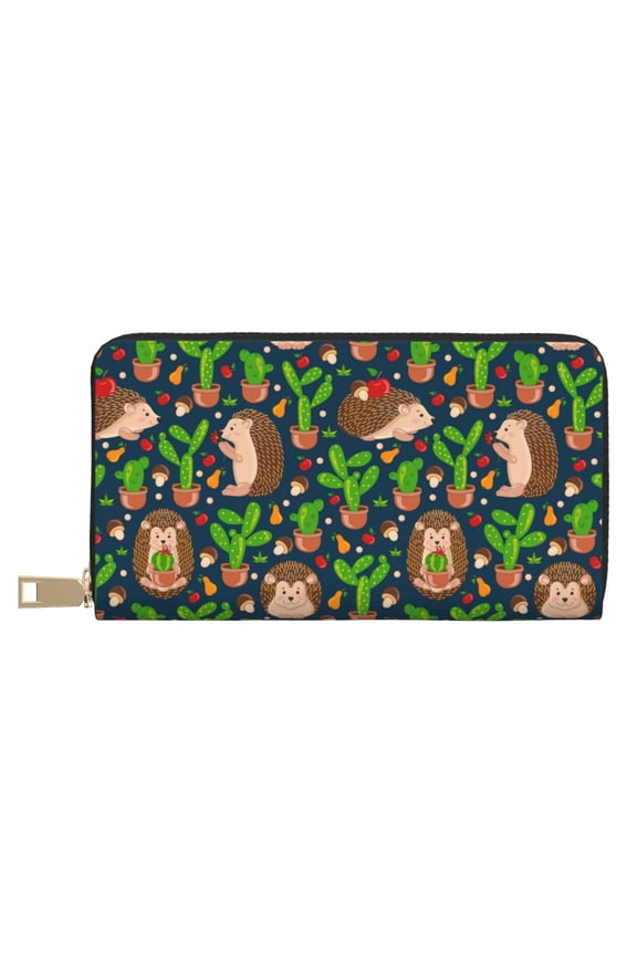 Leather Thin Slim Wallets for Women Men - Cute Hedgehogs Cactus Blue Clutch Card Wallet for Women Men with Zipper