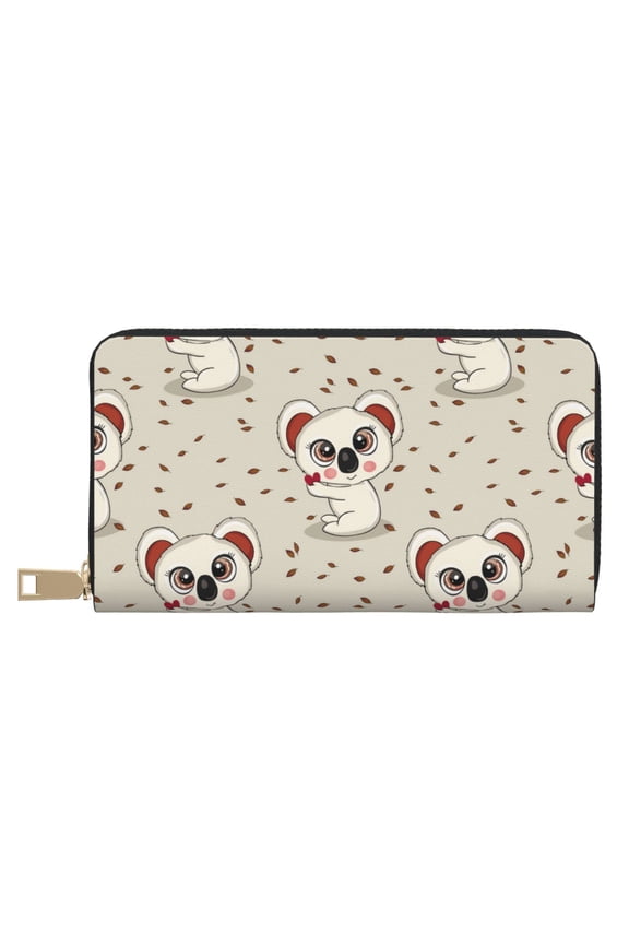 Leather Thin Slim Wallets for Women Men - Cute Koala Off White Clutch Card Wallet for Women Men with Zipper