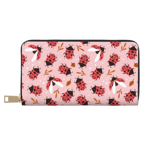 Leather Thin Slim Wallets for Women Men - Cute Ladybugs 1 Clutch Card Wallet for Women Men with Zipper