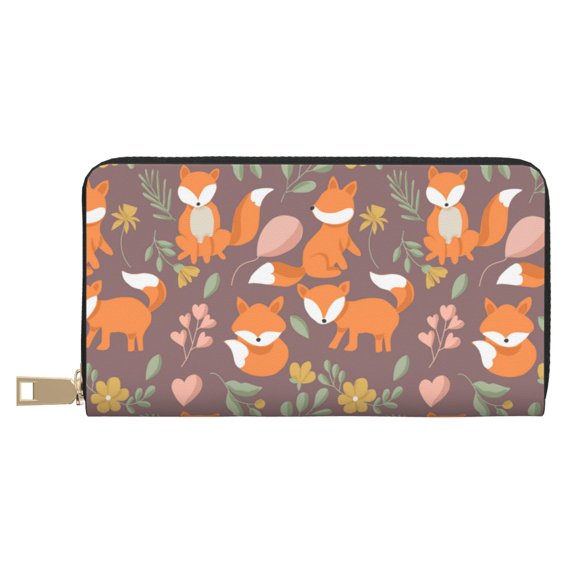 Leather Thin Slim Wallets for Women Men - Cute Little Fox Clutch Card Wallet for Women Men with Zipper