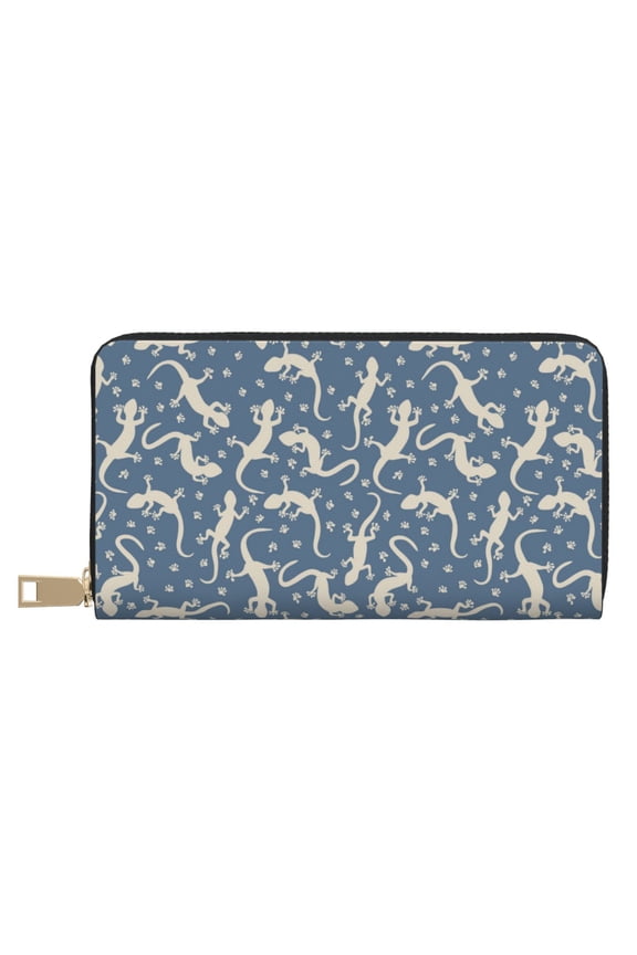 Leather Thin Slim Wallets for Women Men - Cute Lizard Gecko Footprints Clutch Card Wallet for Women Men with Zipper