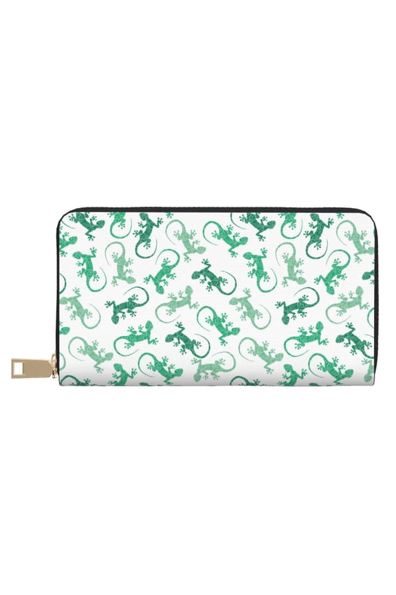 Leather Thin Slim Wallets for Women Men - Cute Lizard Gecko Green_B Clutch Card Wallet for Women Men with Zipper