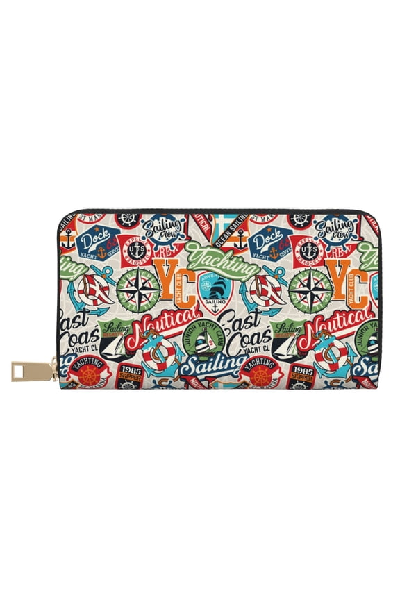 Leather Thin Slim Wallets for Women Men - Cute Nautical Clutch Card Wallet for Women Men with Zipper