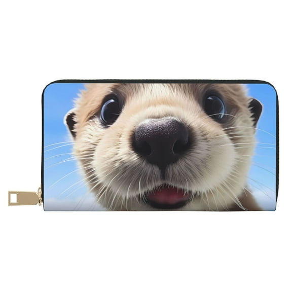 Leather Thin Slim Wallets for Women Men - Cute Otter Blue Sky Clutch Card Wallet for Women Men with Zipper