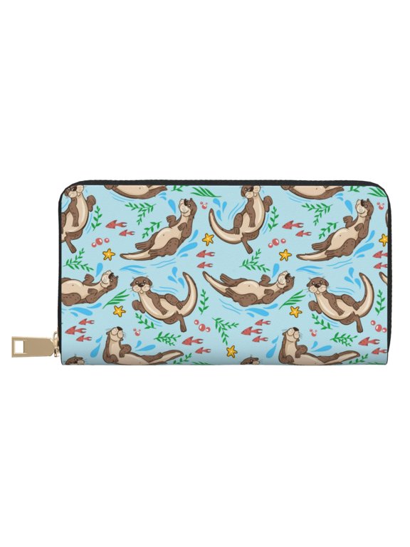Leather Thin Slim Wallets for Women Men - Cute Otters Clutch Card Wallet for Women Men with Zipper