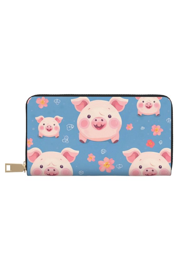 Leather Thin Slim Wallets for Women Men - Cute Pig Flowers Clutch Card Wallet for Women Men with Zipper