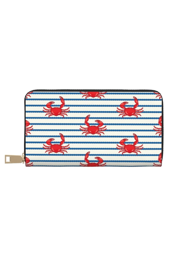 Leather Thin Slim Wallets for Women Men - Cute Red Crabs With Nautical Clutch Card Wallet for Women Men with Zipper