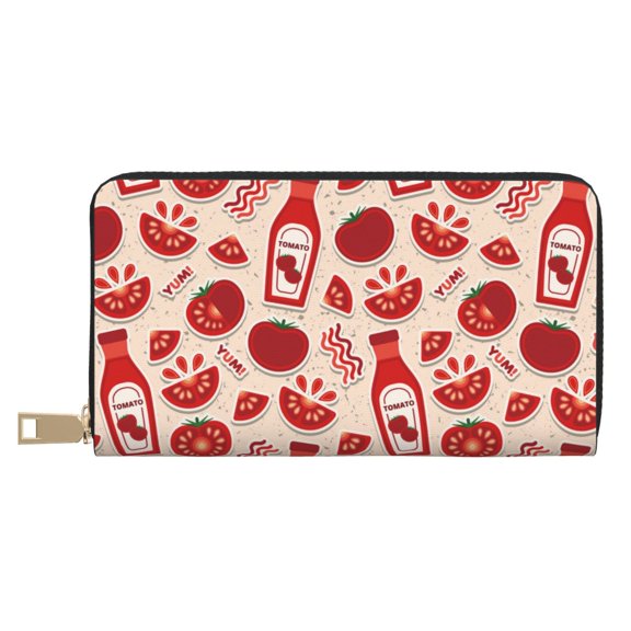 Leather Thin Slim Wallets for Women Men - Cute Tomato Ketchup Clutch Card Wallet for Women Men with Zipper