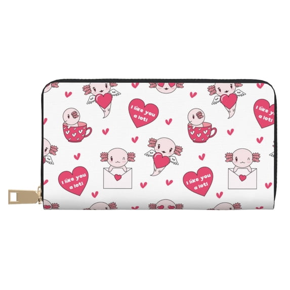 Leather Thin Slim Wallets for Women Men - Cute Valentine Axolotl cup heart Clutch Card Wallet for Women Men with Zipper