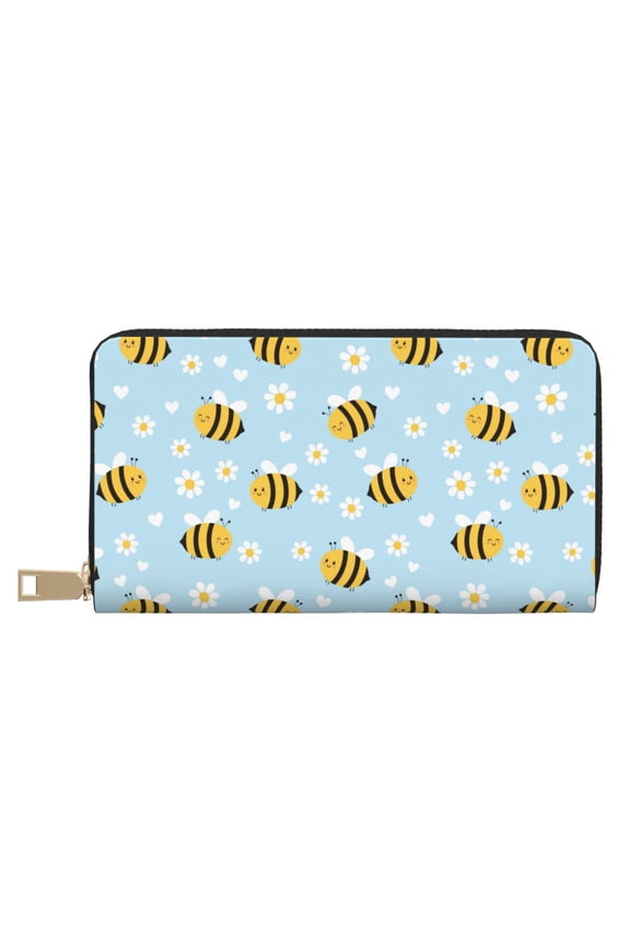 Leather Thin Slim Wallets for Women Men - Cute bee daisy blue Clutch Card Wallet for Women Men with Zipper