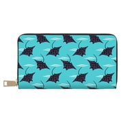 Leather Thin Slim Wallets for Women Men - Cute black Stingray blue funny Clutch Card Wallet for Women Men with Zipper