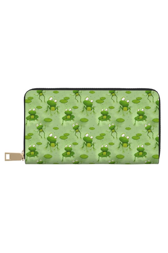 Leather Thin Slim Wallets for Women Men - Cute cartoon frogs water lily Clutch Card Wallet for Women Men with Zipper