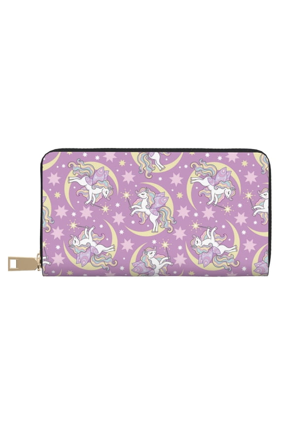 Leather Thin Slim Wallets for Women Men - Cute magic horse Clutch Card Wallet for Women Men with Zipper