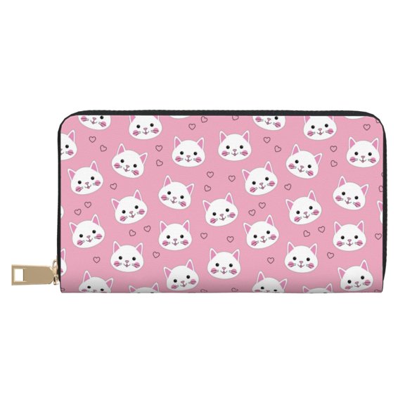 Leather Thin Slim Wallets for Women Men - Cute pink cat Clutch Card Wallet for Women Men with Zipper