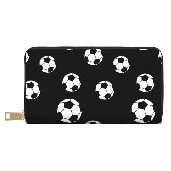 Leather Thin Slim Wallets for Women Men - Cute soccer balls black Clutch Card Wallet for Women Men with Zipper