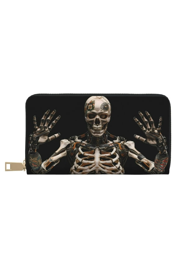 Leather Thin Slim Wallets for Women Men - Cyber Skeleton With Tattoos Clutch Card Wallet for Women Men with Zipper