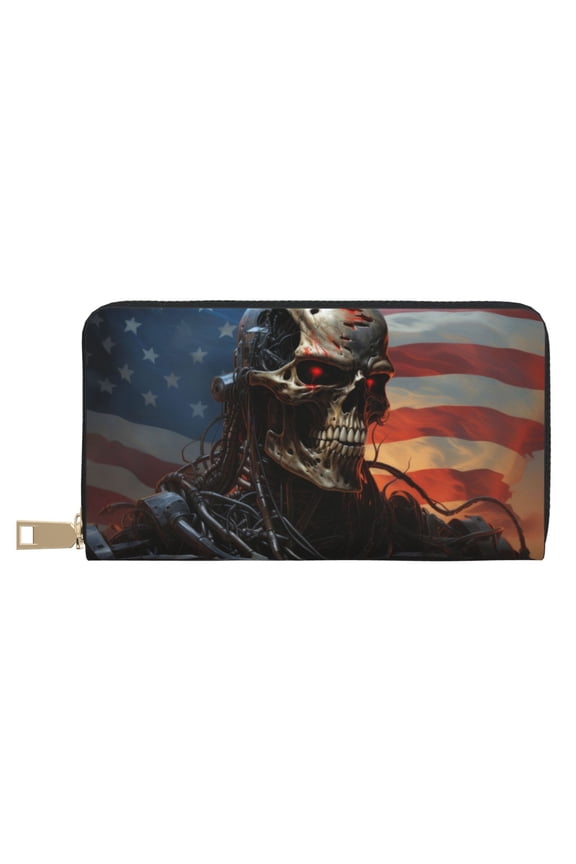 Leather Thin Slim Wallets for Women Men - Cyberpunk Skull American Flag Clutch Card Wallet for Women Men with Zipper