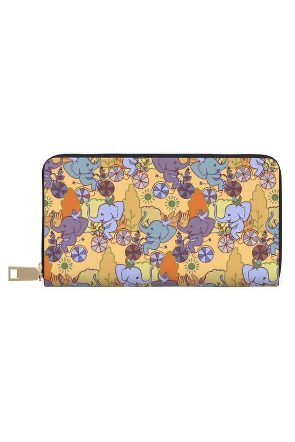 Leather Thin Slim Wallets for Women Men - Cycling Elephant On Bicycle In Park Clutch Card Wallet for Women Men with Zipper